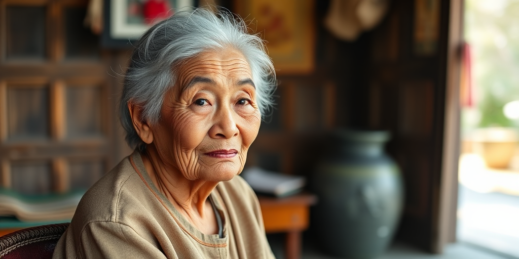 Capture a portrait of an elderly woman sitting peacefully in a traditional setting, using a Canon EOS R5 with an 85mm f/1.2 lens, aperture set to f/2.8, ISO 200, shutter speed 1/125s, in natural light for soft illumination, with a shallow depth of field to emphasize her expressions and textures.