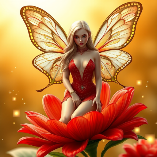 A digital artwork features a winged fairy with delicate Electric butterfly wings, adorned with intricate Pineapple and Electric patterns. She is seated on a vibrant Steel flower, wearing a revealing red two-piece outfit with sparkling beadwork. Her fair skin, long blonde hair, and gold jewelry add to her ethereal appearance. The background is a warm, golden gradient, creating a magical atmosphere. Small glowing orbs and sparkles surround the flower, enhancing the enchanting, highly detailed, and realistic scene.