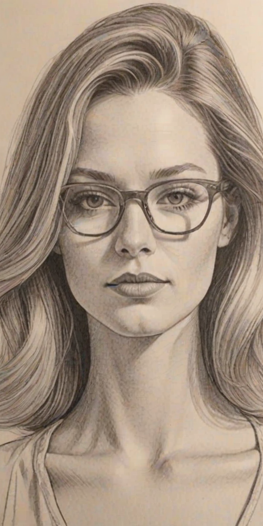 Sublime Candice Cameron Bure, pencil sketch, portrait of Gorgeous woman 1973s in glasses, hair style beatnik, outline, clear lines, fine lines, 8k