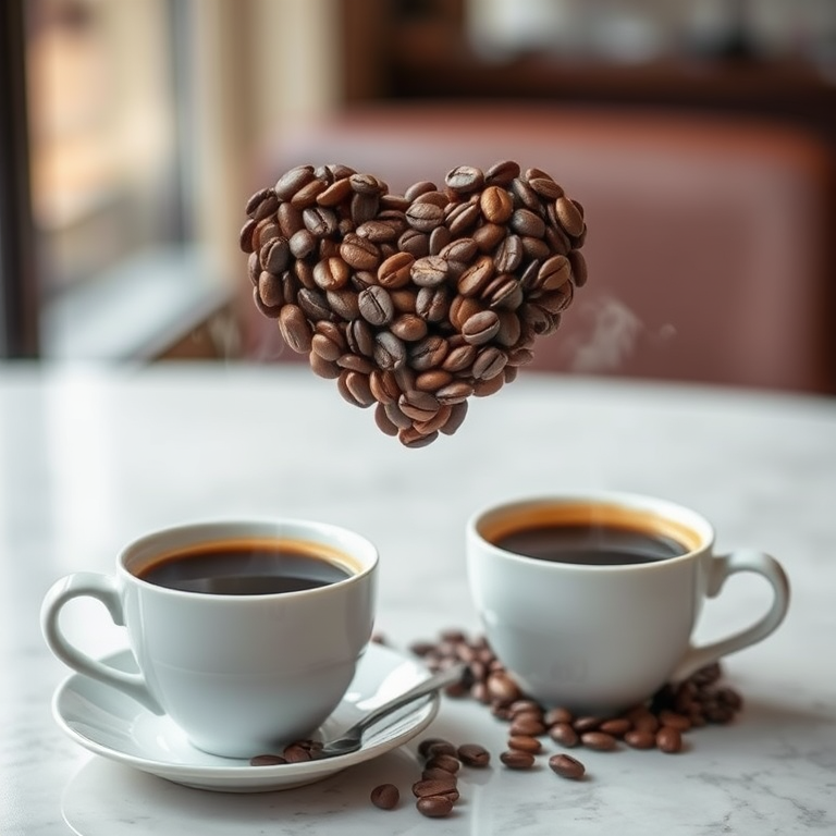 A heart made of coffee beans hovering above two steaming coffee cups in an elegant setting, soft focus, shallow depth of field, ISO 100, aperture f/2.8, focal length 50mm, natural lighting, DSLR camera.