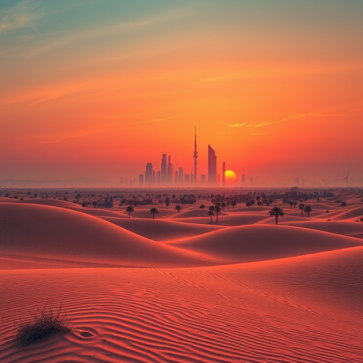 Create a surreal desert landscape at sunset with futuristic city silhouettes in the background, using a wide-angle lens, f/8 aperture, ISO 100, 24mm focal length, 16:9 aspect ratio, captured with a digital mirrorless camera for enhanced image quality.