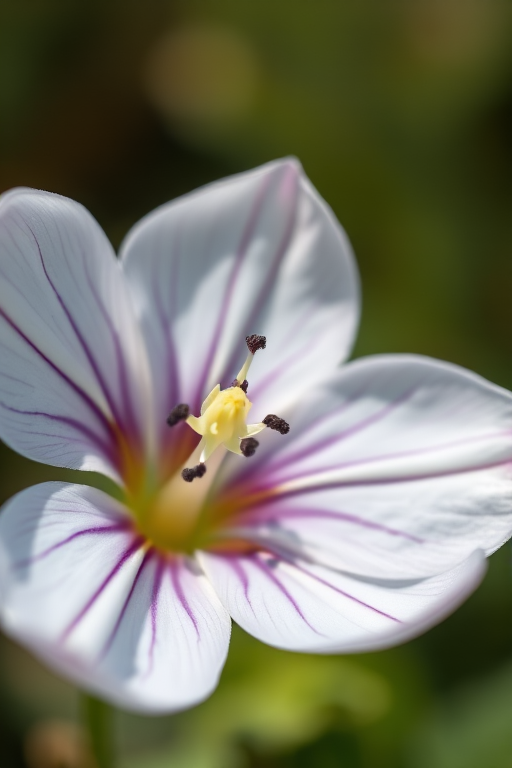 Capture a close-up of a delicate white and purple flower with a soft-focus background, using a DSLR camera, 85mm lens, aperture f/2.8, ISO 100, natural lighting, and a shallow depth of field to enhance image quality.
