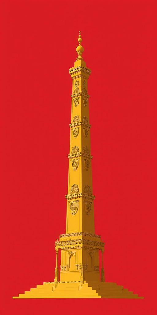 create a digital illustration of a tall yellow monument with intricate designs on a solid red background, using a Canon EOS R5 camera, 50mm lens, f/1.8 aperture, 1/100s shutter speed, and ISO 100 for enhanced clarity and detail.