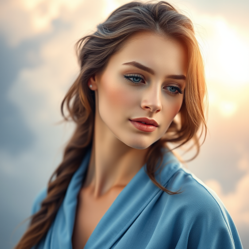 Create a serene portrait of a woman in a blue robe, surrounded by ethereal clouds with a soft glow, captured in high resolution using a full-frame DSLR camera, with a 50mm lens at f/1.8, ISO 200, and a shallow depth of field to enhance the focus on the subject.