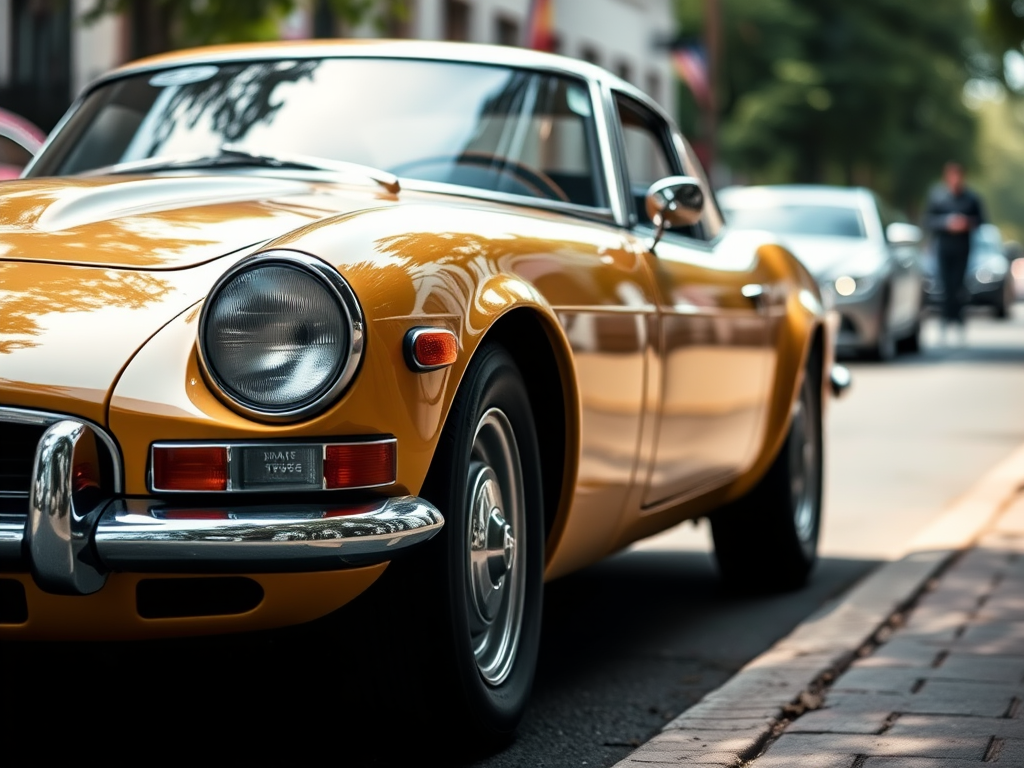 vintage sports car parked, focused view, 50mm lens, f/1.8 aperture, ISO 100, natural lighting, high dynamic range, shallow depth of field, digital SLR camera
