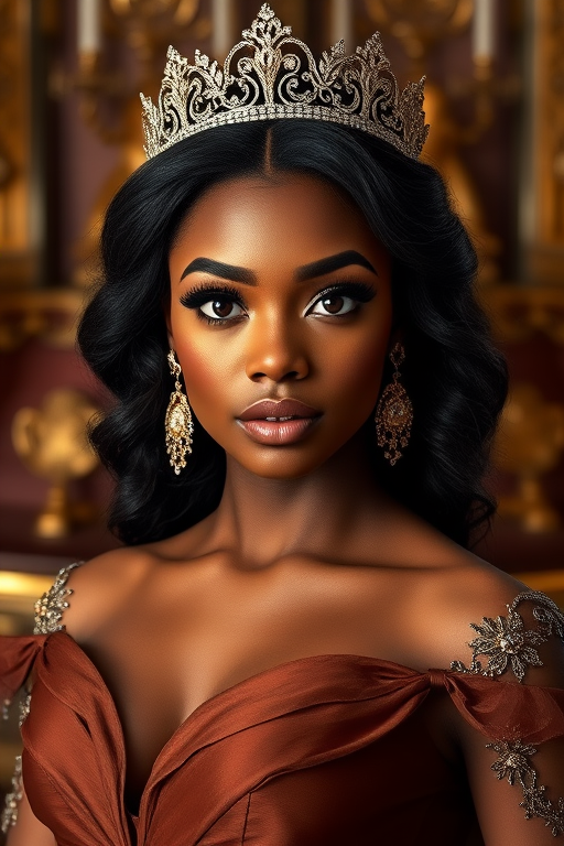 A gorgeous African American woman in a luxurious brown gown, accessorized with a dazzling tiara and statement earrings, her deep white eyes highlighted by impeccable makeup, poised in a royal setting, photorealistic, 8K quality