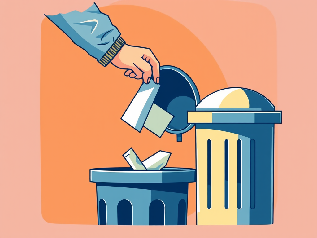 Create a detailed illustration of a person throwing a piece of trash into a waste bin, using a high-resolution vector style with clean lines and bold colors, captured from a slightly elevated angle, simulated using a DSLR camera with a 50mm lens, aperture set to f/4, and ISO 100 for optimal clarity and depth of field.