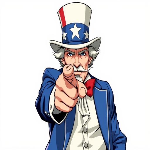 Create an illustration of a character resembling Uncle Sam with a blue coat, white shirt, and iconic top hat, pointing directly at the viewer, using a high-resolution digital drawing style; camera settings: ISO 100, aperture f/8, shutter speed 1/250s; camera view: frontal close-up; camera type: digital tablet illustration.