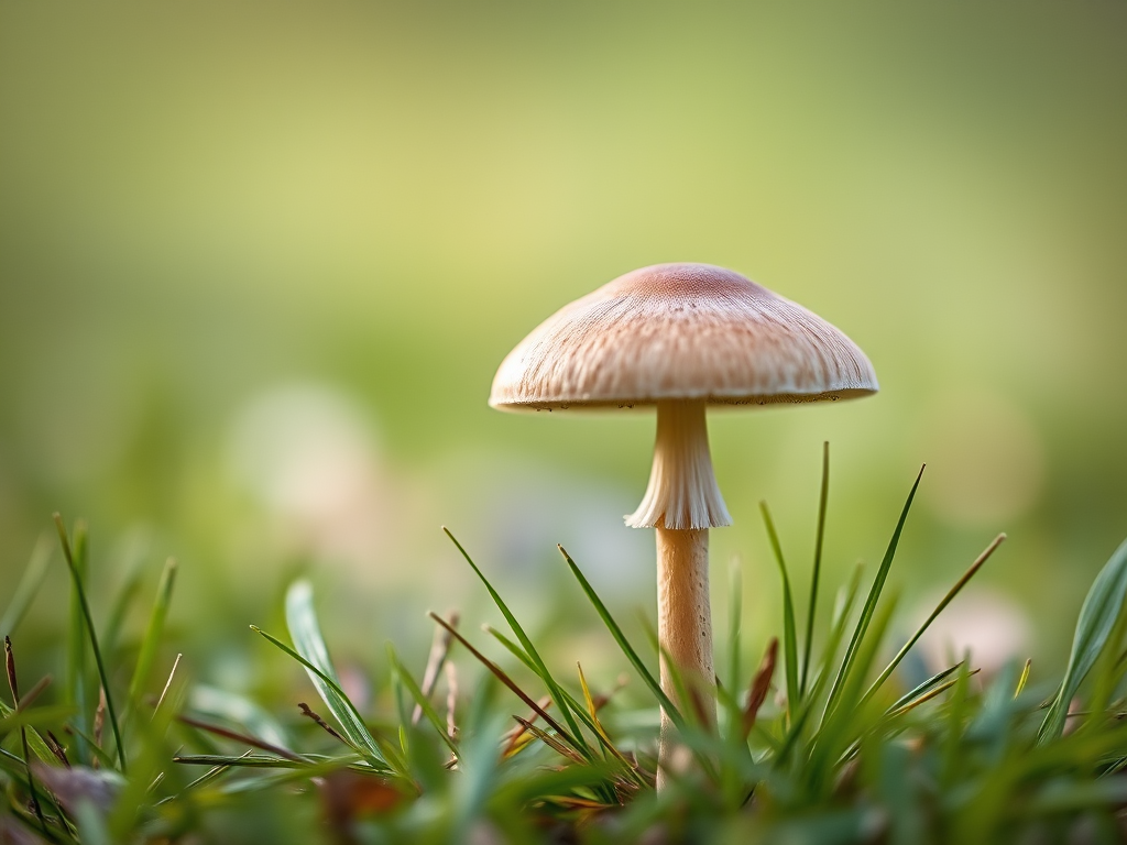 capture a single mushroom standing in grass with a soft-focus background, using a Canon EOS R5 camera, aperture f/2.8, shutter speed 1/200s, ISO 100, macro lens, natural soft lighting, slight upward angle to highlight the mushroom's cap