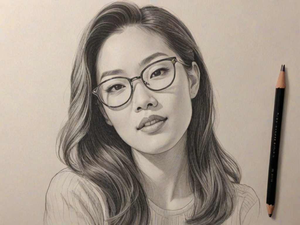 Delightful Arden Cho, pencil sketch, portrait of Exquisite woman 1953s in glasses, hair style beatnik, outline, clear lines, fine lines, 8k