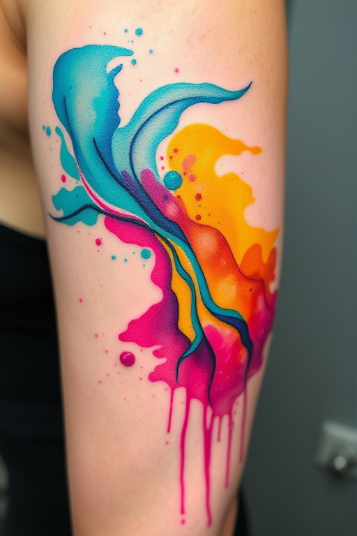 Vibrant watercolor splash tattoo named "Chromatic Cascade" featuring a mesmerizing blend of turquoise, magenta, and sunflower yellow hues swirling together in an abstract pattern resembling a flowing river, with delicate splatters and drips creating a sense of movement and spontaneity across the skin, perfect for those seeking a bold and artistic expression of color and fluidity in their body art