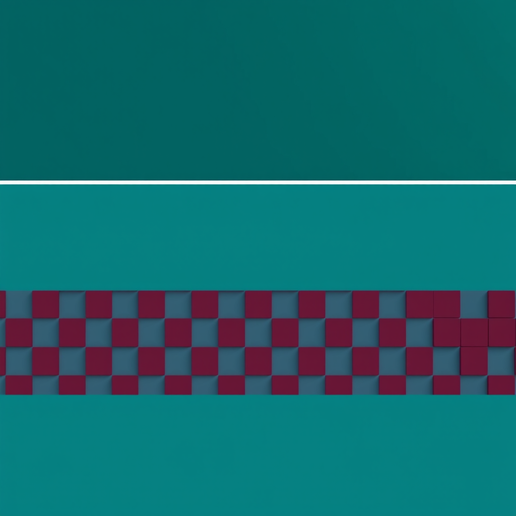 Create a modern digital banner with a top section in dark teal and a bottom section in burgundy, featuring a 3D checkerboard effect with shadows, use a Canon EOS R5 at f/8, ISO 100, 24mm focal length, shot from a top-down view in minimalistic style.