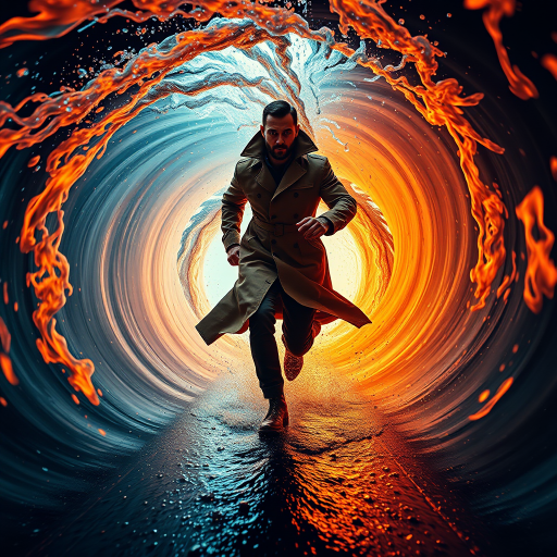 Create a vibrant and dynamic image of a man in a trench coat running through a swirling portal of fire and water, Nikon D850, f/2.8, 1/250s, ISO 100, wide-angle lens, low angle view, cinematic style.