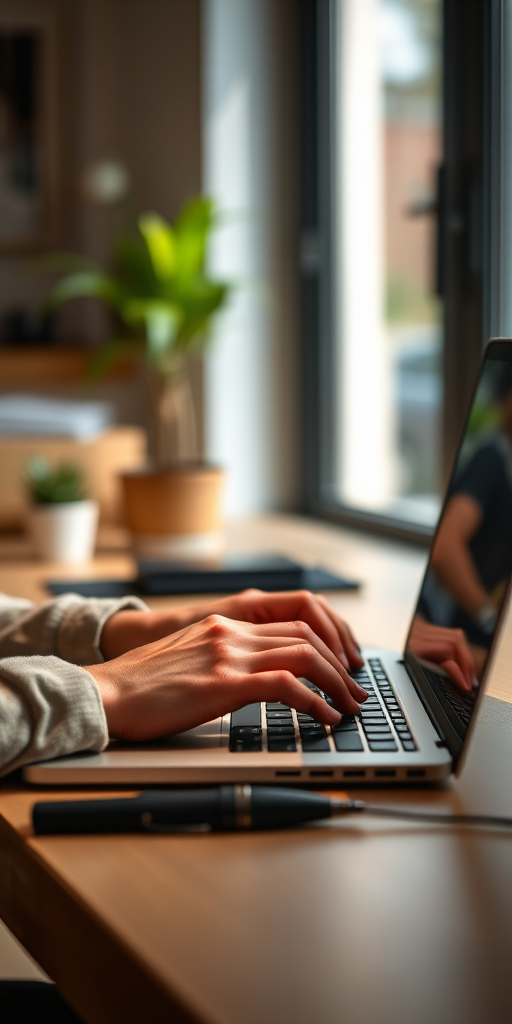 A focused shot of a person typing on a laptop with a clean desk, using a shallow depth of field to blur the background, captured with a Canon EOS R5 at 50mm f/1.8, ISO 200, f/2.8, natural light for a warm ambiance.