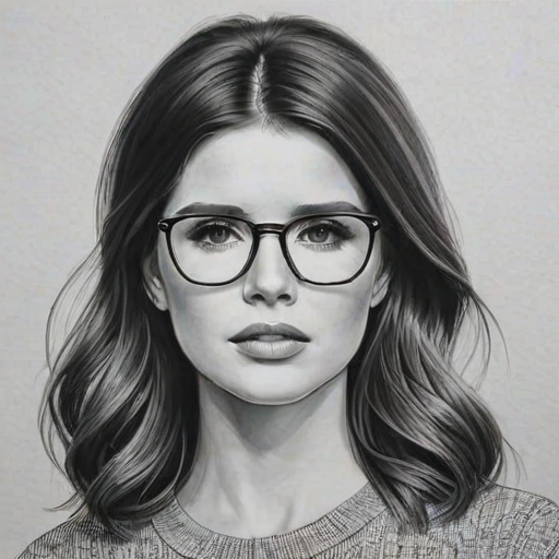 Graceful Katherine Schwarzenegger, pencil sketch, portrait of Captivating woman 1966s in glasses, hair style beatnik, outline, clear lines, fine lines, 8k