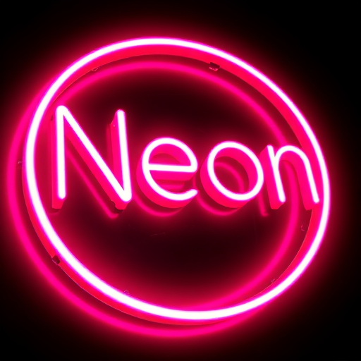Create an image of the word neon in a bright pink neon light with a black background, using a DSLR camera with a 50mm lens, aperture set to f/1.8, ISO 100, 1/100s shutter speed, in a low-angle view for dramatic effect, with soft focus and vibrant colors to enhance the glow effect.