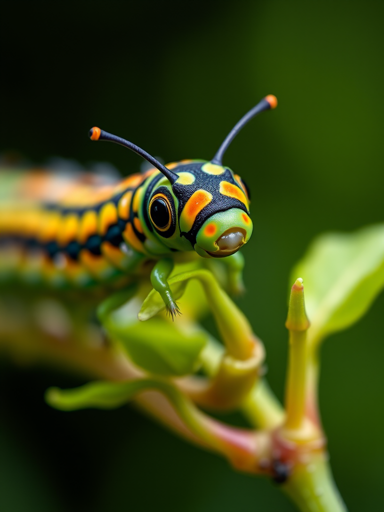 macro shot of a colorful caterpillar on a green plant, shallow depth of field, ISO 100, f/2.8, 1/200s, 100mm macro lens, soft natural lighting, focus on the caterpillar with a blurred background