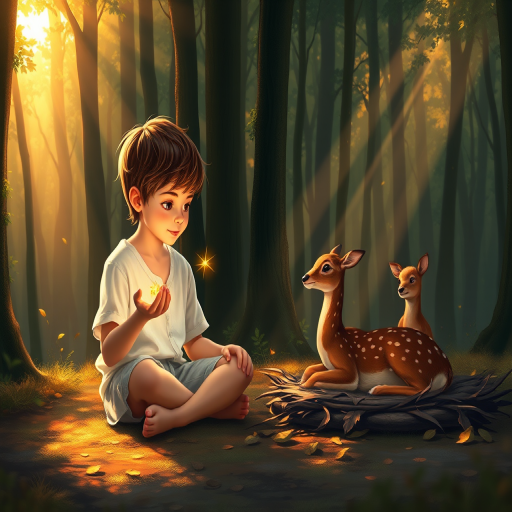 A luminous digital painting of a serene forest scene featuring a barefoot young boy, about 7 years old, with brown hair and fair skin, dressed in a simple white outfit. He sits cross-legged on the forest floor, gazing at a small, glowing, magical firefly in his hand. Beside him, a delicate spotted deer lies calmly on a bed of dried leaves, observing the scene. The dense forest is bathed in warm, golden light filtering through the trees, creating a peaceful, magical atmosphere with a blend of natural and mystical elements.
