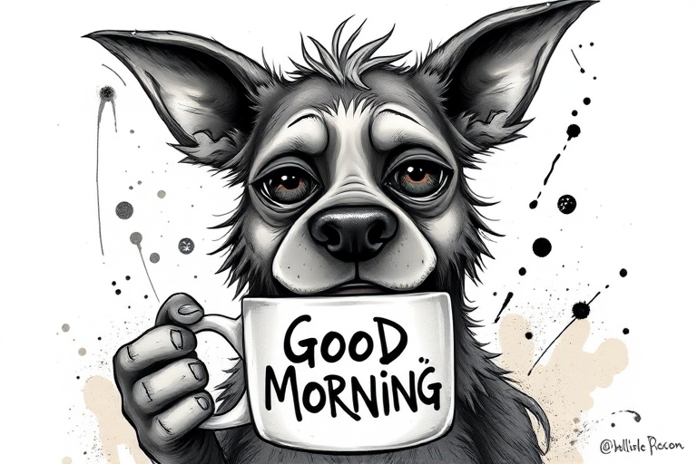 A quirky, artistic illustration of a disheveled bull arab dog breed with exaggerated, large eyes and spiky fur, holding a coffee mug that reads "Good Morning". The dog has a tired but humorous expression, with ink splatters and abstract details surrounding it, giving a whimsical feel to the image. The color palette is mostly monochrome with hints of white in the eyes and steam rising from the mug, enhancing the overall sleepy vibe