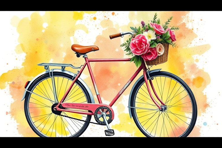 Create a vibrant watercolor style illustration of a vintage bicycle adorned with blooming flowers and greenery against a bright, splattered background, captured with a DSLR camera using a 50mm lens, aperture f/2.8, shutter speed 1/200s, ISO 100, focusing on the bicycle with a shallow depth of field to emphasize the details of the flowers.