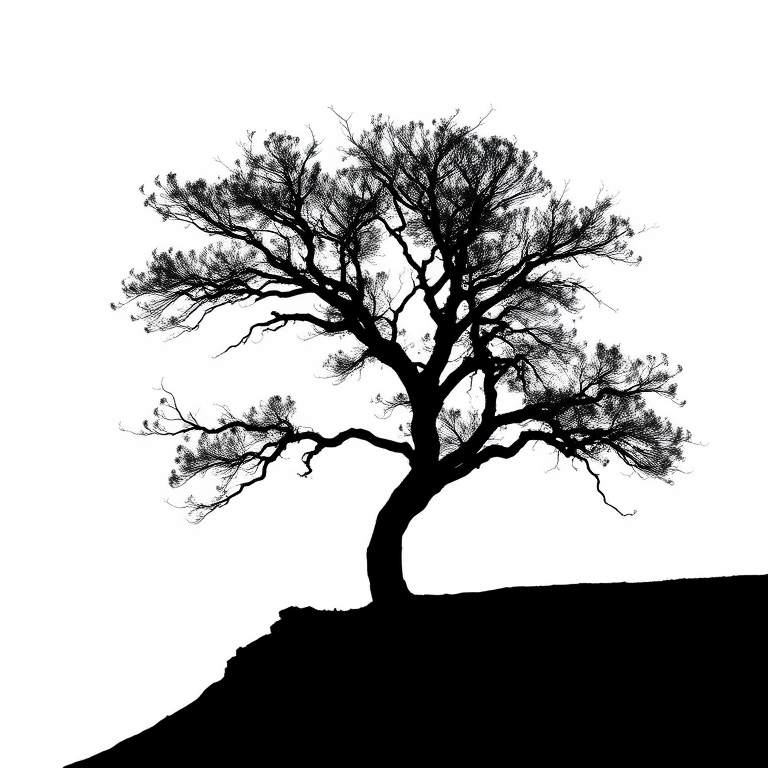 /imagine prompt: a minimalist black silhouette of a tree against a white background, capture with a Canon EOS R5, aperture f/8, ISO 100, 50mm lens, clear focus and high resolution.