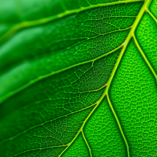 macro shot of a detailed green leaf with intricate veins and textures, natural lighting, ISO 100, aperture f/2.8, shutter speed 1/100s, 50mm lens, DSLR camera with a focus on depth of field for enhanced clarity and color saturation