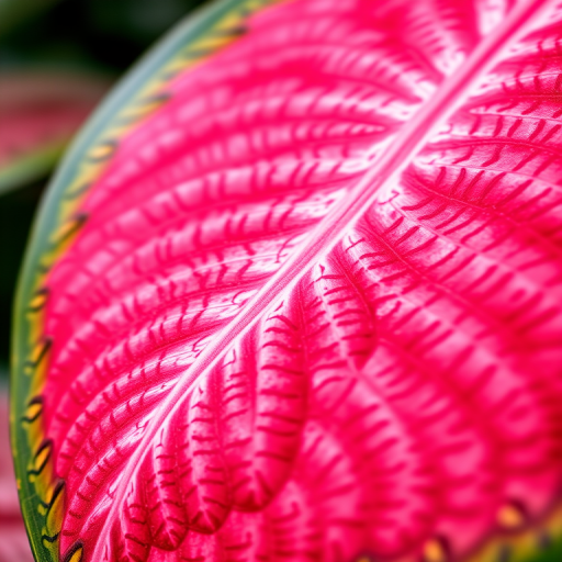 macro shot of a Caladium leaf with intricate patterns and vibrant colors, natural light, shallow depth of field, ISO 100, f/2.8, 35mm lens, DSLR camera, focus on leaf texture and details