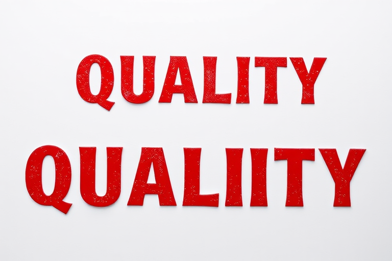 Create an image of the word quality in bold red letters with a textured stamp effect on a white background, shot with a DSLR camera at f/2.8, ISO 100, 50mm lens, top-down view, high dynamic range.