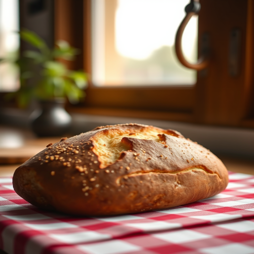 bread loaf on a checkered cloth near a window captured with a Canon EOS R, 50mm lens, f/1.8, ISO 100, natural lighting, shallow depth of field