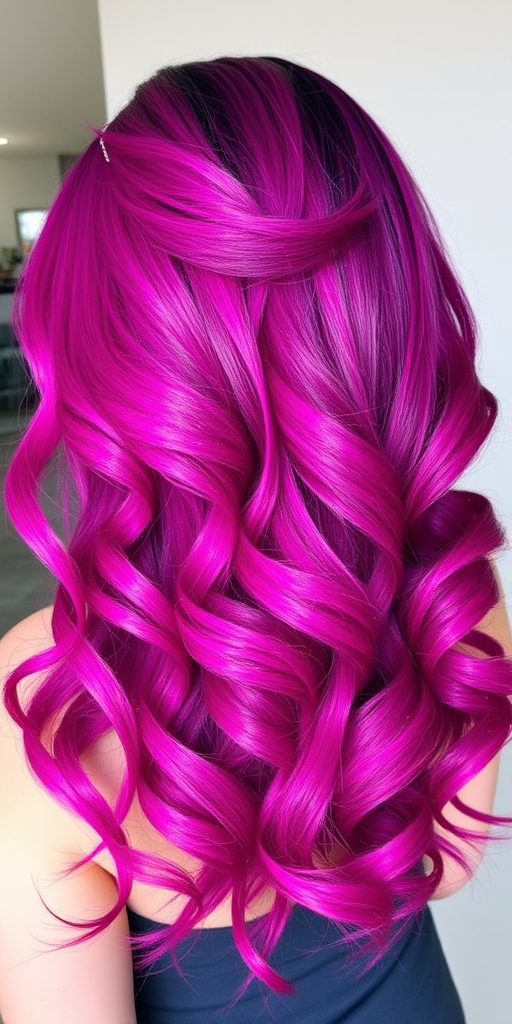 Bold magenta to purple ombré titled "Cosmic Fusion" styled in voluminous curls with a side-swept part and shimmering glitter accents throughout