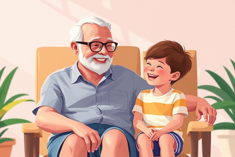 Create a digital illustration of a warm, joyful scene featuring an elderly man with glasses sitting on a lounge chair, engaging with a young boy sitting beside him, both smiling; use soft pastel colors with a simple patterned background, set in a cozy summer atmosphere, shot with a Canon EOS R5, 50mm lens, f/1.8 aperture, ISO 100 for vibrant colors and soft focus background.