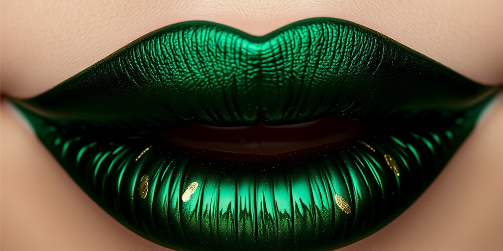 Deep emerald green lips with a metallic sheen, christened "Forest Whisper," offer a bold and mysterious look, complemented by subtle gold leaf accents along the cupid's bow