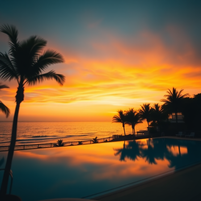 sunset over a calm ocean with silhouettes of palm trees and a pool in the foreground, vibrant orange and yellow hues in the sky, captured with a Canon EOS 5D Mark IV, f/8, ISO 100, 1/100 sec, wide-angle lens, golden hour lighting
