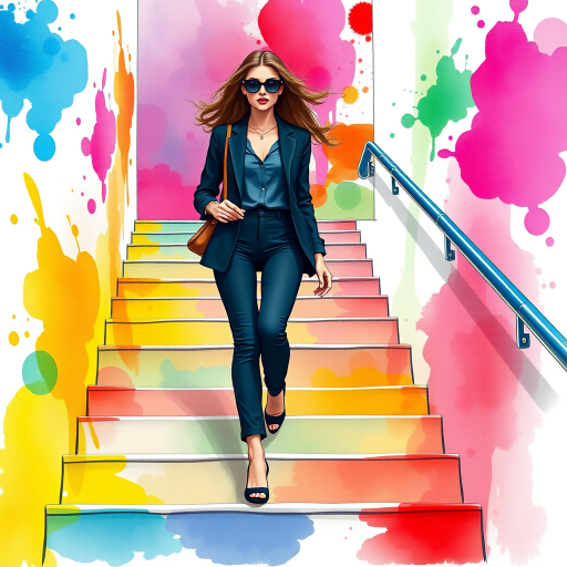Create an illustration of a fashionable woman walking up a colorful, abstract staircase with vibrant watercolor splashes in the background, shot using a DSLR camera with a 50mm lens at f/1.8, ISO 100, and soft lighting for enhanced quality and detail.