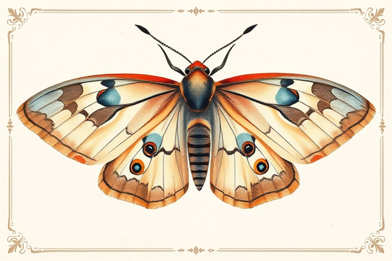 Create a delicate watercolor illustration of a large moth with intricate patterns and soft colors, set against a light textured background with vintage borders, using a Canon EOS R5 with a 50mm f/1.2 lens, aperture set at f/2.8, and soft natural lighting to enhance details and colors.