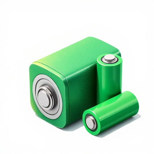 Create a high-resolution illustration of a green battery with a textured surface and two green cylindrical batteries beside it, use a 50mm lens, f/8 aperture, 1/100s shutter speed, soft lighting for even shadows, and a neutral background for emphasis on the subjects.