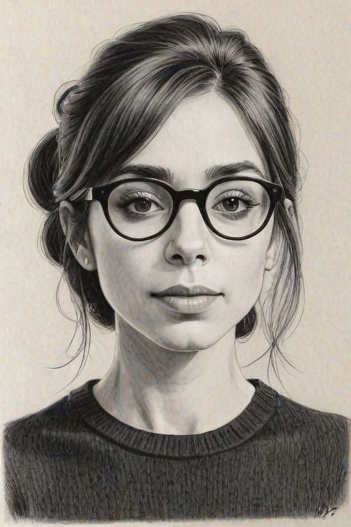 Bewitching Cristin Milioti, pencil sketch, portrait of Exquisite woman 1972s in glasses, hair style beatnik, outline, clear lines, fine lines, 8k