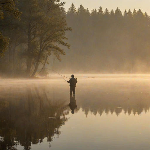 Softly lit image of a fisherman casting his line into a mist-covered lake at dawn, soft golden light from the rising sun reflecting off the water, with distant trees barely visible through the morning fog.