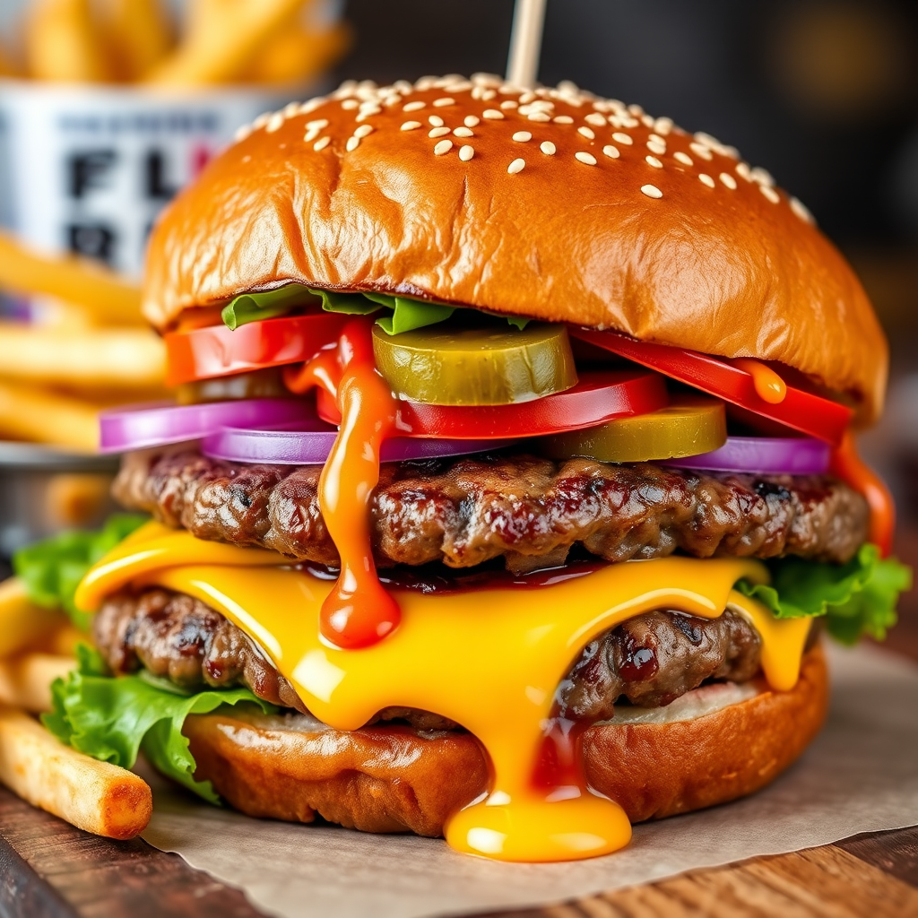 High-resolution, close-up image of a gourmet double cheeseburger. The burger features a glossy, sesame-seed-topped brioche bun. Inside, there are two thick, juicy beef patties, each topped with melted cheddar cheese. The burger is garnished with fresh lettuce, tomato slices, diced onions, and pickles. A generous amount of ketchup and a creamy, orange-colored sauce is dripping down the sides, adding to the mouth-watering appeal. In the background, there are blurred elements including a side of golden French fries and a hint of a beverage, enhancing the overall presentation of a delicious meal.