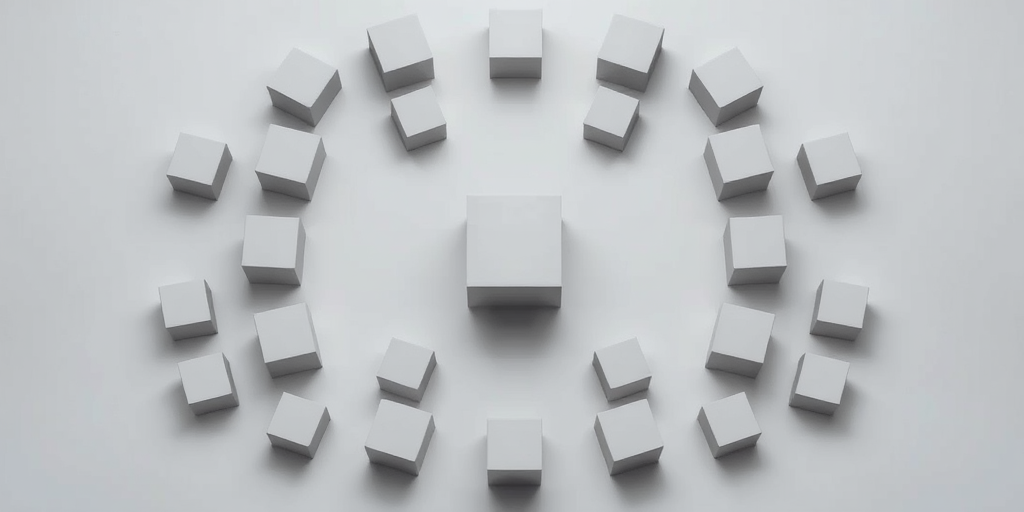 Create a high-resolution image of a symmetrical pattern of 20 gray cubes arranged in a circular formation around a central cube on a plain background, using a DSLR camera with a focal length of 50mm, aperture set to f/8, ISO 100, and a top-down view for clarity.