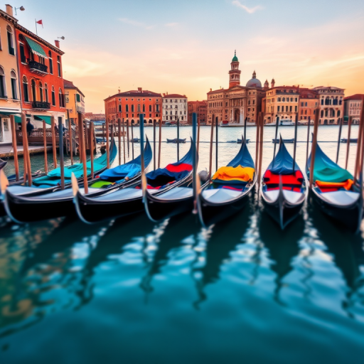 Regenerate the image of colorful gondolas moored in a Venetian lagoon with buildings in the background, using a Canon EOS R5 camera, 50mm lens, f/8 aperture, ISO 100, shot at sunrise with a shallow depth of field in a watercolor style.