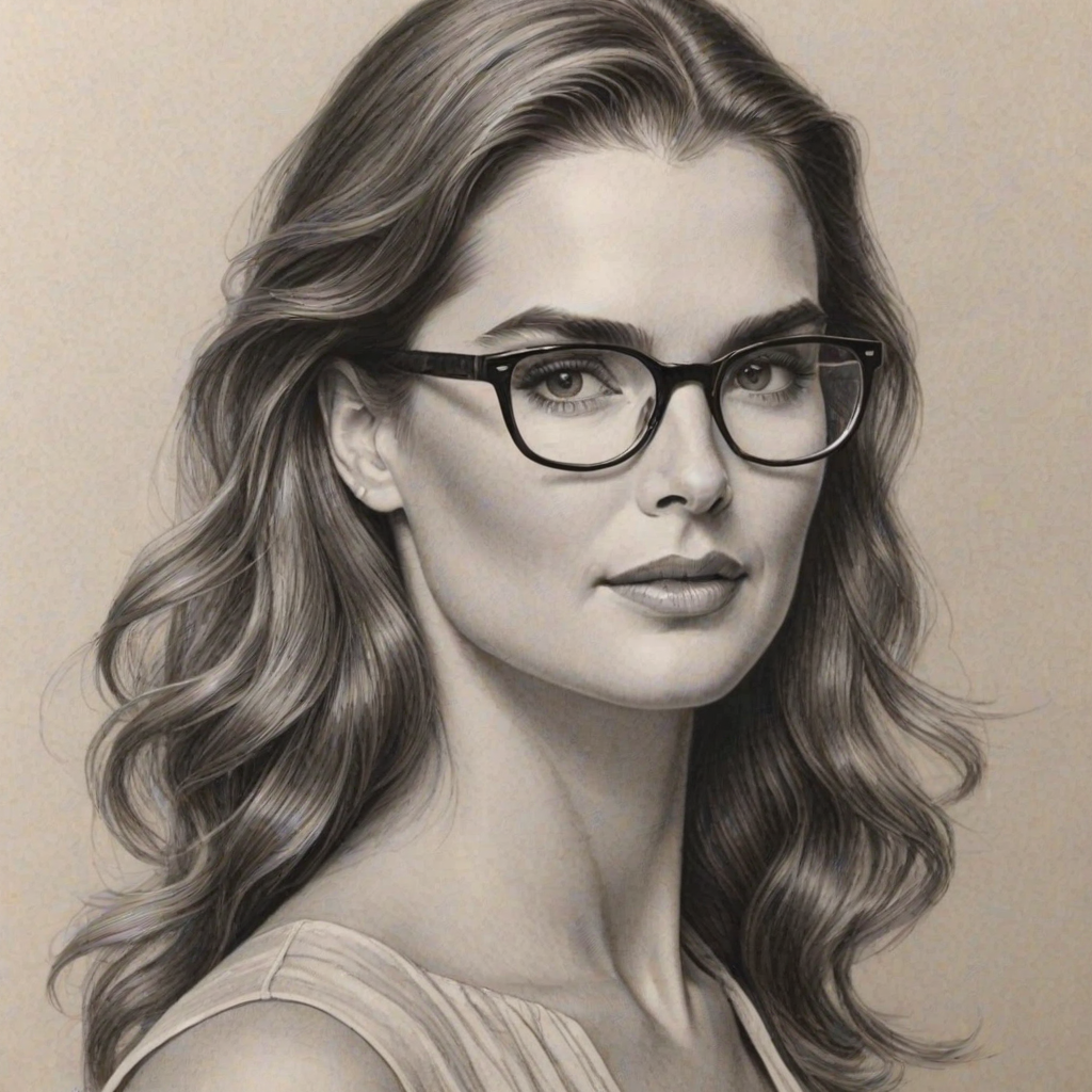Superb Brooke Shields, pencil sketch, portrait of Ravishing woman 1926s in glasses, hair style beatnik, outline, clear lines, fine lines, 8k