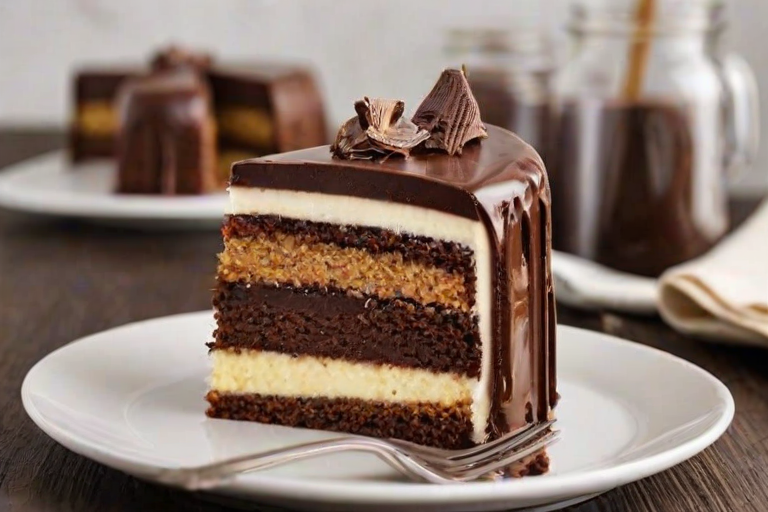 Create an image of a slice of cake that features distinct layers of vanilla and chocolate. The top layer should be a light golden vanilla, the middle a rich chocolate, and the bottom a darker chocolate. Place the slice on a white plate with a simple, elegant design, and include a blurred background of glass jars and kitchenware to give a cozy kitchen atmosphere.