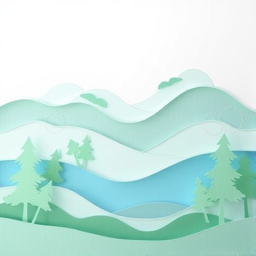 Create a serene paper cutout landscape featuring layered trees and waves in pastel shades of green and blue, with soft white highlights, captured with a DSLR camera at f/8 aperture, ISO 100, 35mm focal length, shot from a slightly elevated angle using a shallow depth of field for a dreamy effect.