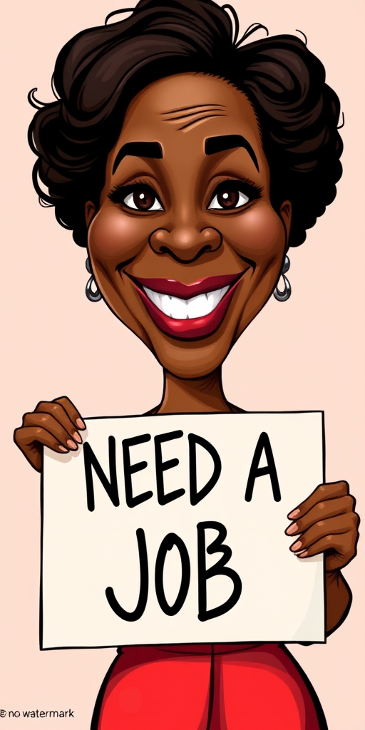 caricature of a smiling Viola Davis in a Carmine dress or suit, holding up a sign that says "NEED A JOB", no watermark,