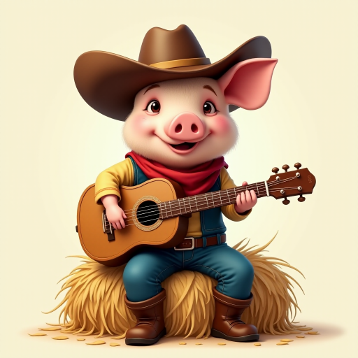 A chibi pig, dressed as a cowboy, playing guitar, sitting on a hay bale