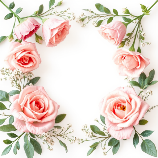 Generate a vintage floral frame design featuring soft pink roses and delicate greenery, high resolution, DSLR camera, aperture f/2.8, focal length 50mm, natural lighting, shallow depth of field.