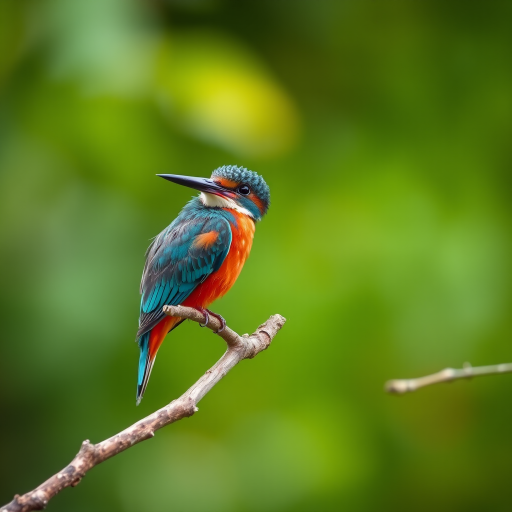 A vibrant kingfisher perched on a branch with a blurred green background, captured with a Canon EOS R5, 85mm lens, aperture f/2.8, ISO 200, shutter speed 1/250s, in soft focus style for enhanced detail and clarity.