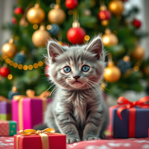A cute gray kitten with blue eyes sits in front of a beautifully decorated Christmas tree with golden and red ornaments, surrounded by colorful gift boxes, shot with a Canon EOS R5 at f/2.8, ISO 100, 50mm lens, soft focus background for a dreamy effect.