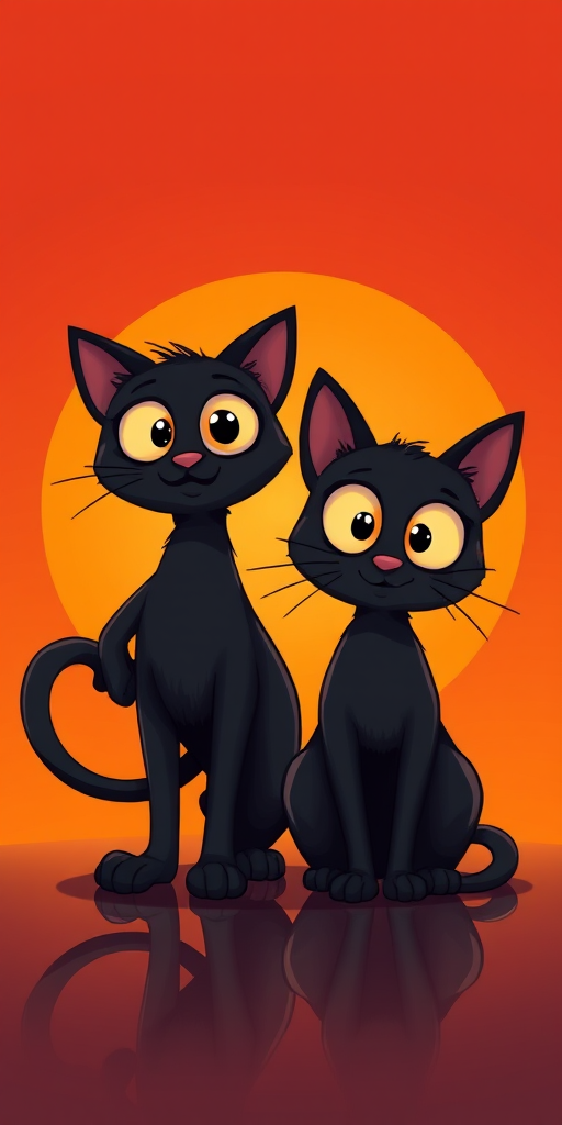Create a whimsical illustration of two black cartoon cats, one standing upright with a confident pose and the other sitting, both featuring oversized expressive eyes, against a vibrant orange sunset background, with a reflective surface below; use a DSLR camera with an aperture of f/8, ISO 200, and a focal length of 50mm for enhanced detail and clarity.
